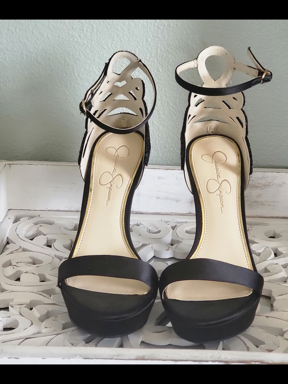 Jessica Simpson Black and Cream Ankle-Strap Platform Sandals